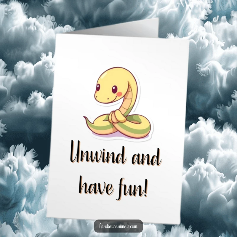 Funny Free Printable Birthday Card: A silly snake hilariously tied into a joyful, complex knot with a mischievous grin.