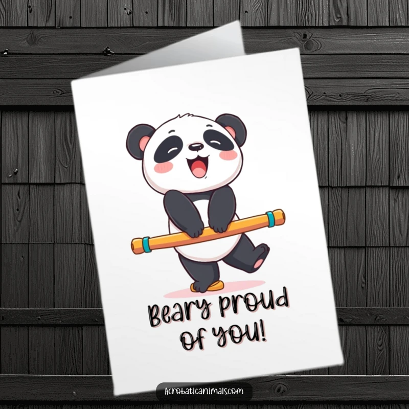 Funny Free Printable Congrats Card: A happy panda bear giggling while balancing perfectly on a vibrant exercise beam.