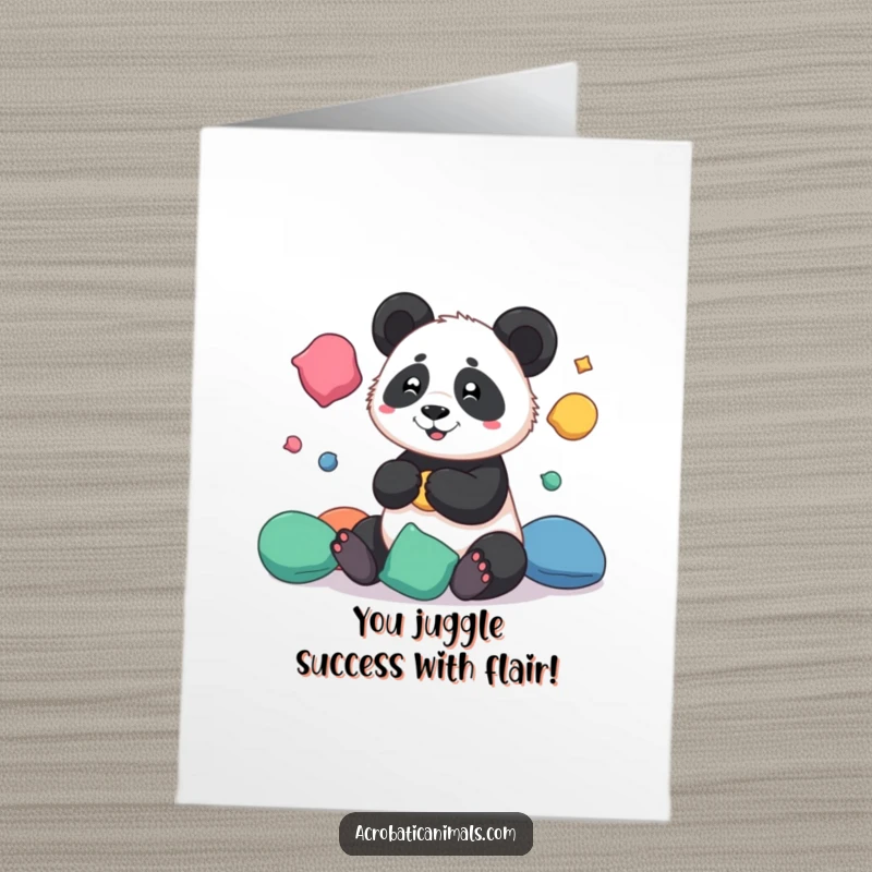 Funny Free Printable Congratulations Card: A playful panda masterfully juggles colourful beanbags, celebrating a proud achievement.