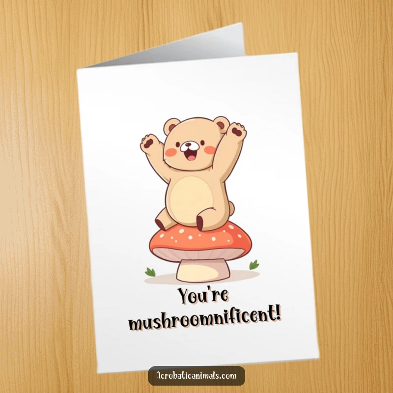 Funny Free Printable Congratulations Card: A chubby bear cub successfully holding a handstand on a large mushroom.