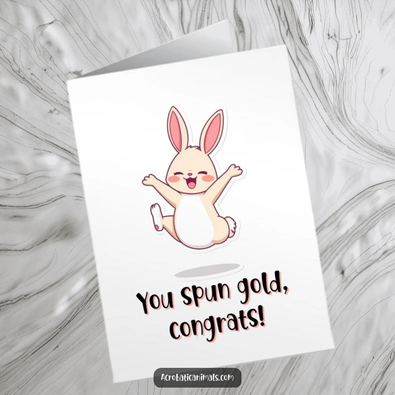 Funny Free Printable Congratulations Card: A happy bunny performs a perfect cartwheel, celebrating a fantastic achievement.