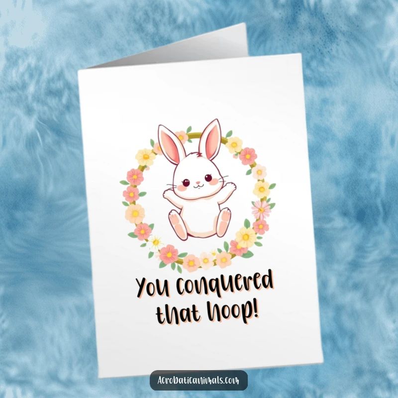 Funny Free Printable Congratulations Card: A happy bunny with rosy cheeks dramatically leaping through a hoop of flowers.