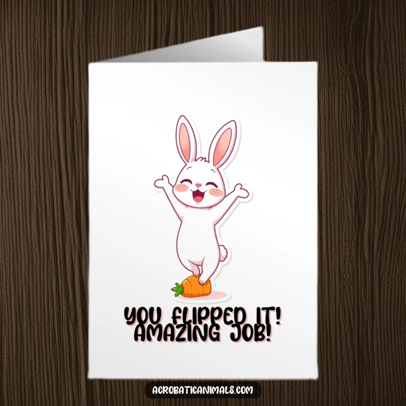 Funny Free Printable congratulations card: A delighted rabbit flaunts a handstand on a small carrot, cheering for success.