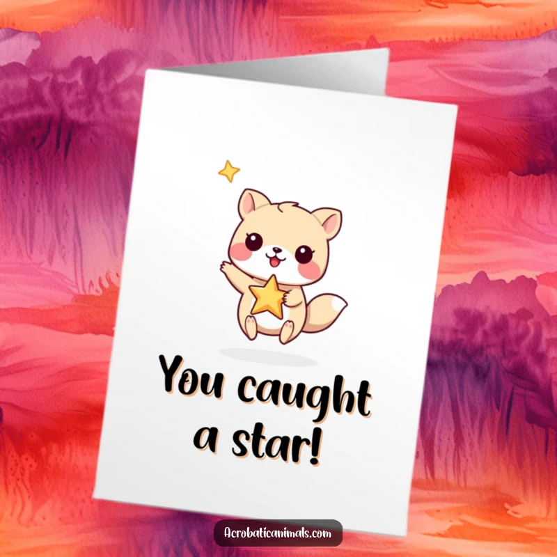 Funny Free Printable Congratulations Card: Small animal triumphantly balancing a star, celebrating a great achievement.