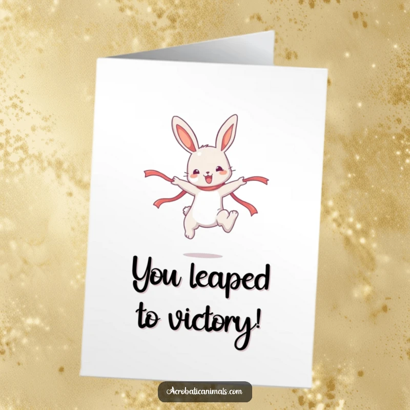 Funny Free Printable Congratulations Card: A delighted bunny celebrates a big win with a graceful, high-flying jump.