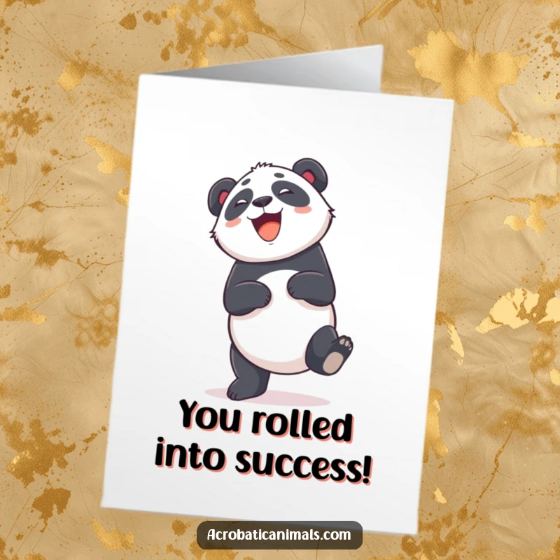Funny Free Printable Congratulations Card with a giggling panda performing a cartwheel to celebrate a fantastic win.