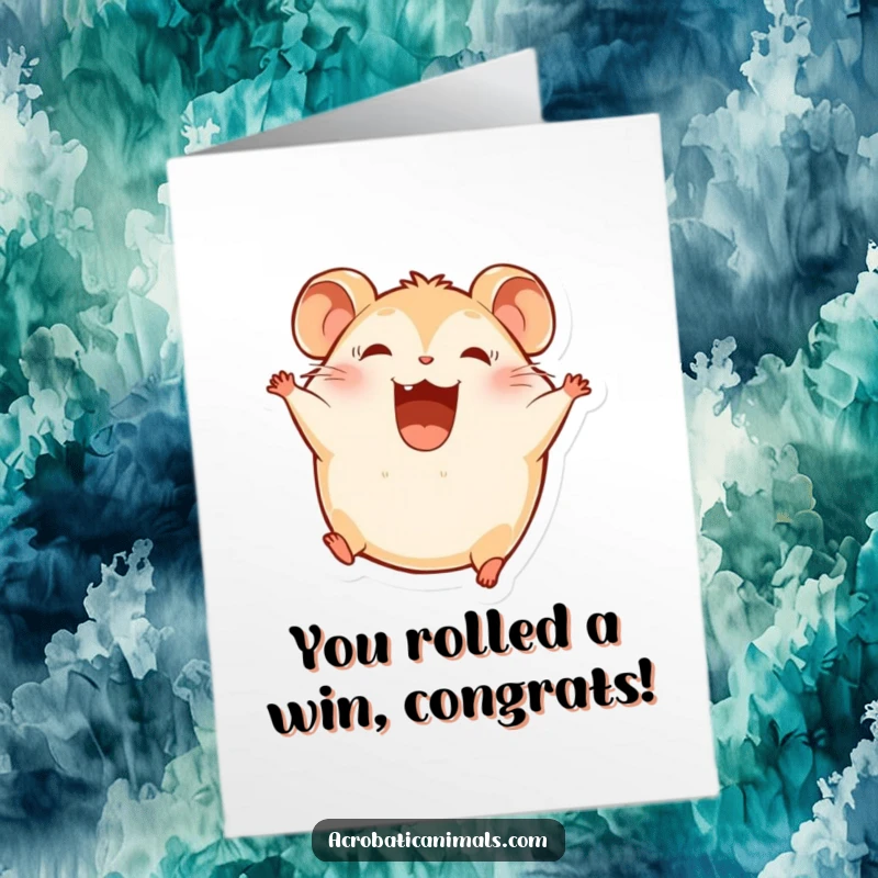 Funny Free Printable Congratulations Card: A round hamster executes a cheerful somersault, celebrating a successful milestone.
