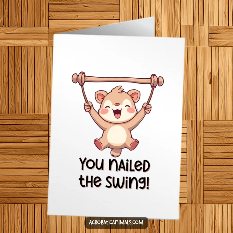 Funny Free Printable Congrats Card: A delighted animal swinging high on a bar, radiating pure joy and accomplishment.