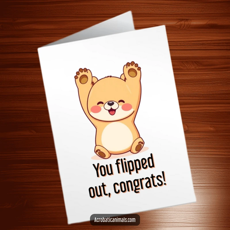 Funny Free Printable Congratulations Card: A joyful bear performs a handstand with paws up, celebrating your amazing accomplishment with boundless energy.