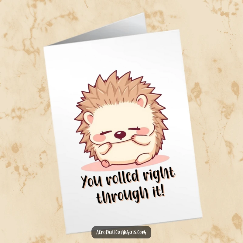 Funny Free Printable Congratulations Card: A small, fluffy hedgehog doing a happy forward roll, celebrating wins.
