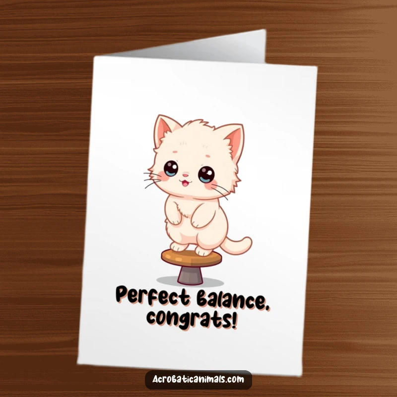 Funny Free Printable Congratulations Card: A triumphant kitten balances on a spinning beam, celebrating a job well done.