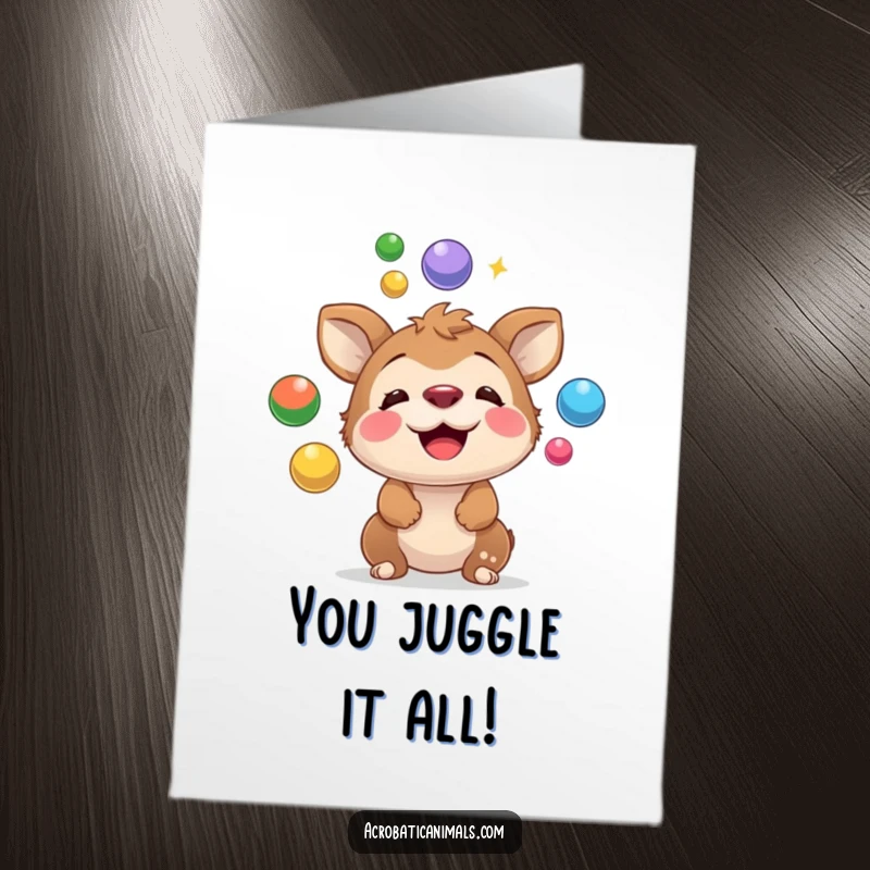 Funny Free Printable Congrats Card: A playful animal balancing multiple colorful balls on its nose with impressive skill.