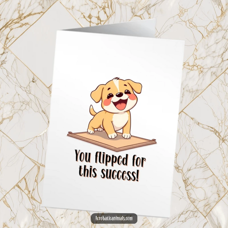 Funny Free Printable Congratulations Card: A cute, joyful puppy mid-tumble on a mat, celebrating a victory.