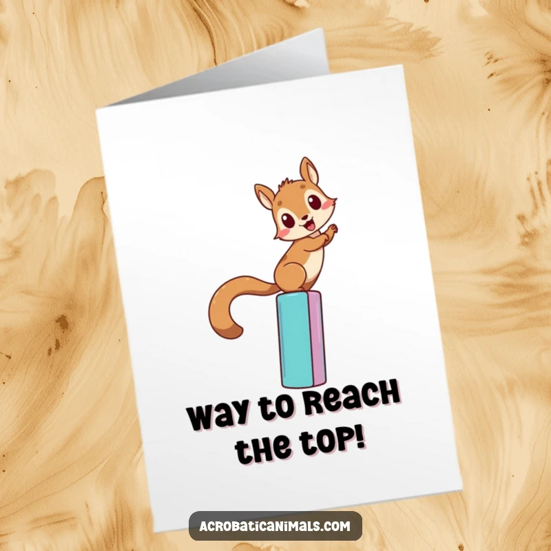 Funny Free Printable Congratulations Card featuring a persistent squirrel scaling a colorful bar, symbolizing achievement and determination.