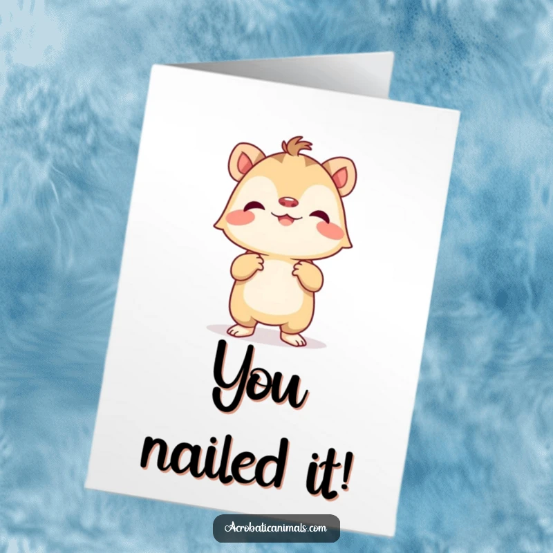 Funny Free Printable Congratulations Card: Tiny creature mastering a handstand, cheering with a proud smile.