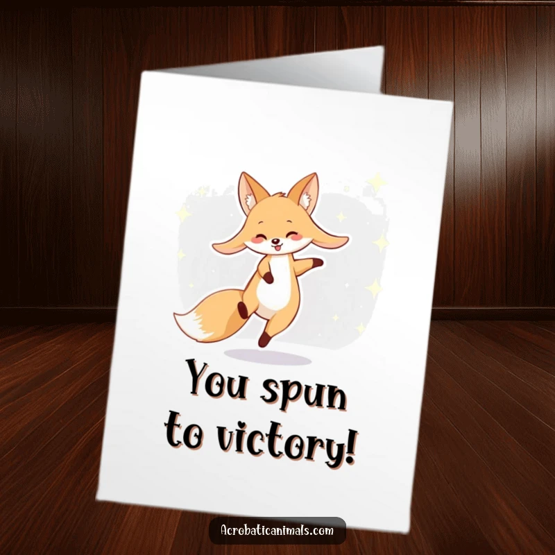 Funny Free Printable Congratulations Card: A smiling fox with long ears cartwheeling with enthusiasm amid stars.