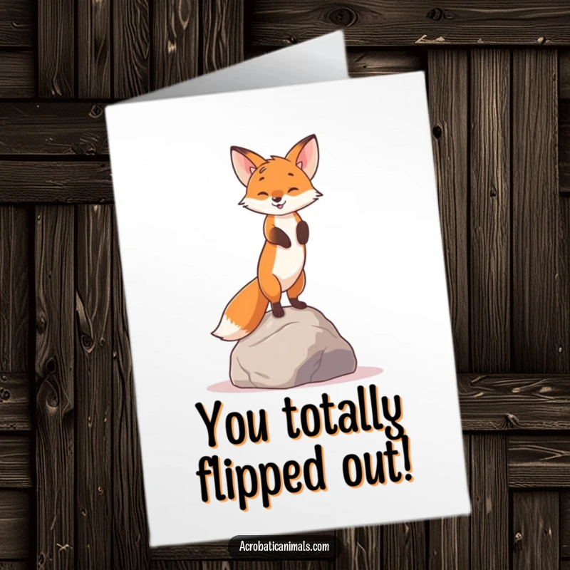 Funny Free Printable Congratulations Card: A curious fox performs a perfect handstand on a rock, cheering your win.