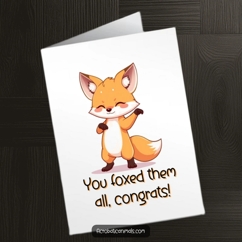 Funny Free Printable Congratulations Card: A small fox holds a dramatic, elegant dance pose, celebrating a win.