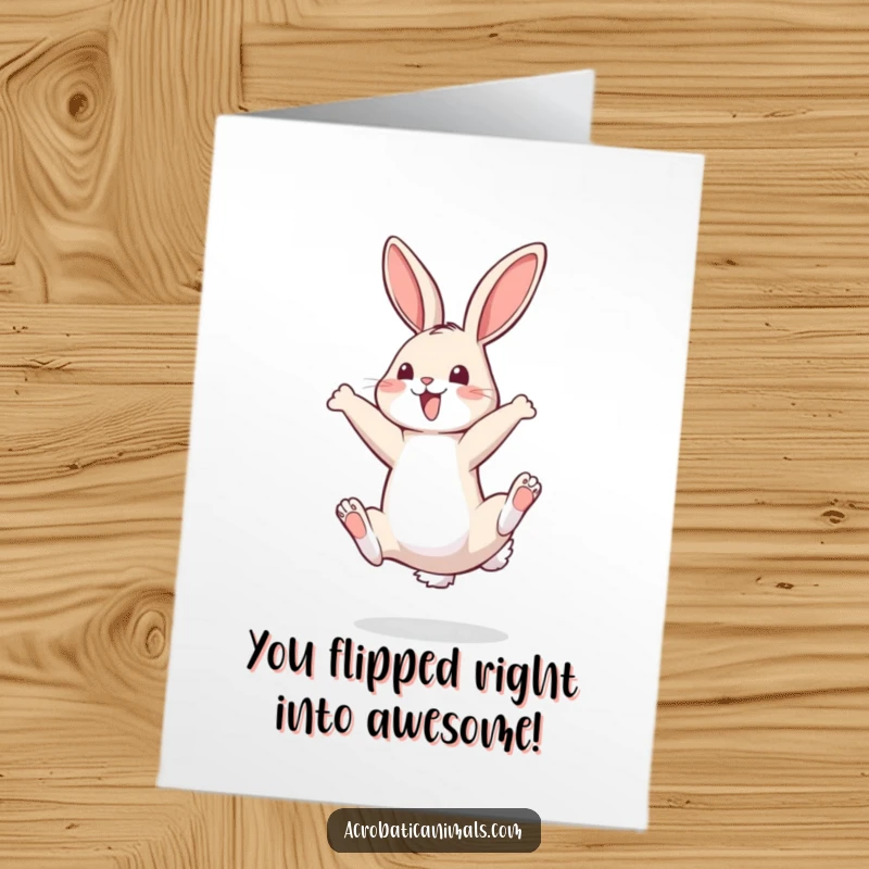 Funny Free Printable Congratulations Card: Bouncy bunny performing a perfect somersault. A downloadable DIY gift for success.