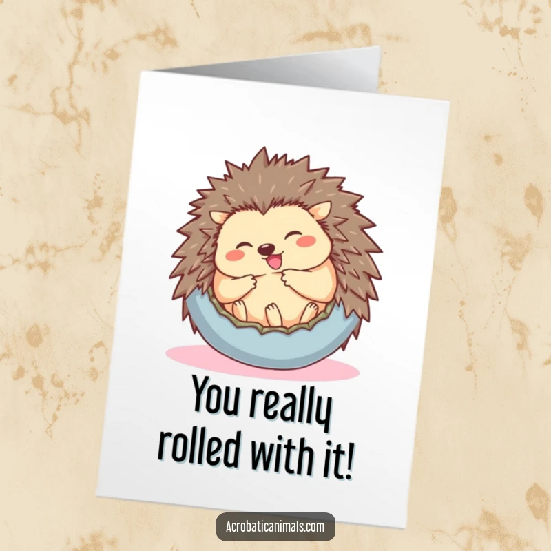 Funny Free Printable Congratulations Card: A giggling hedgehog is perfectly rolled into a ball, celebrating your win.