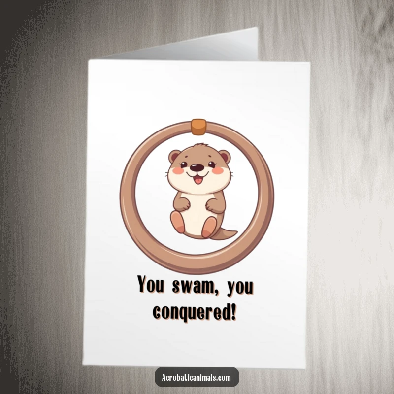 Funny Free Printable Congratulations Card: A smiling otter triumphantly swings from a ring, celebrating your success.
