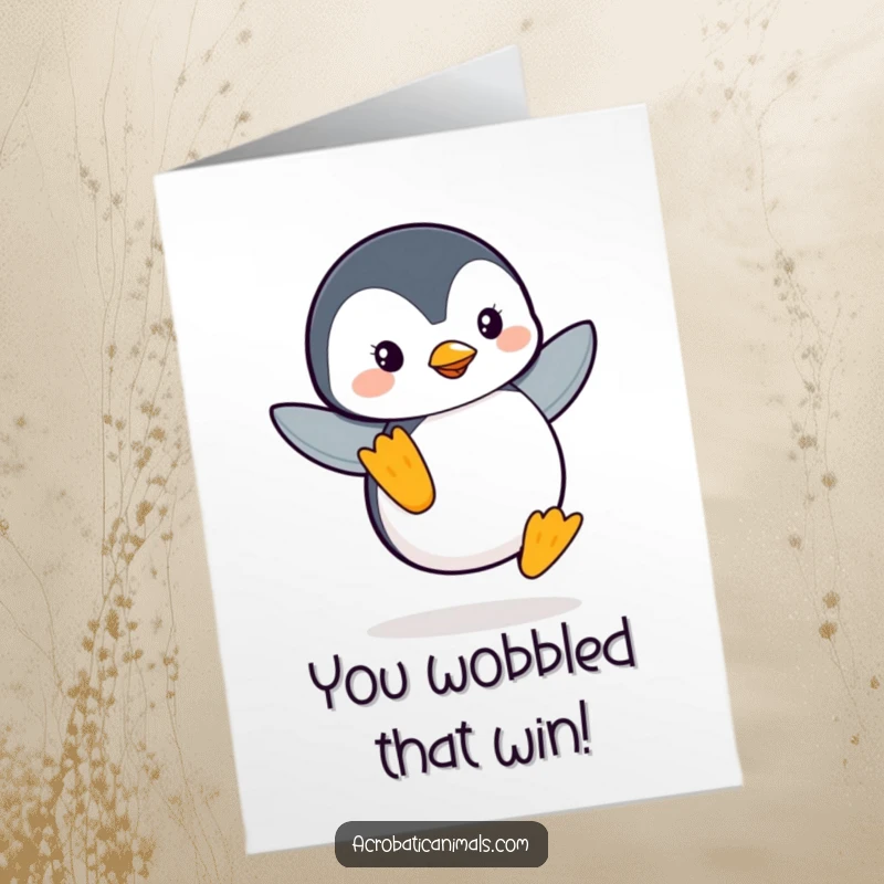 Funny Free Printable Penguin Congratulations Card: A delighted penguin showcases impressive one-flipper balance to cheer a success.