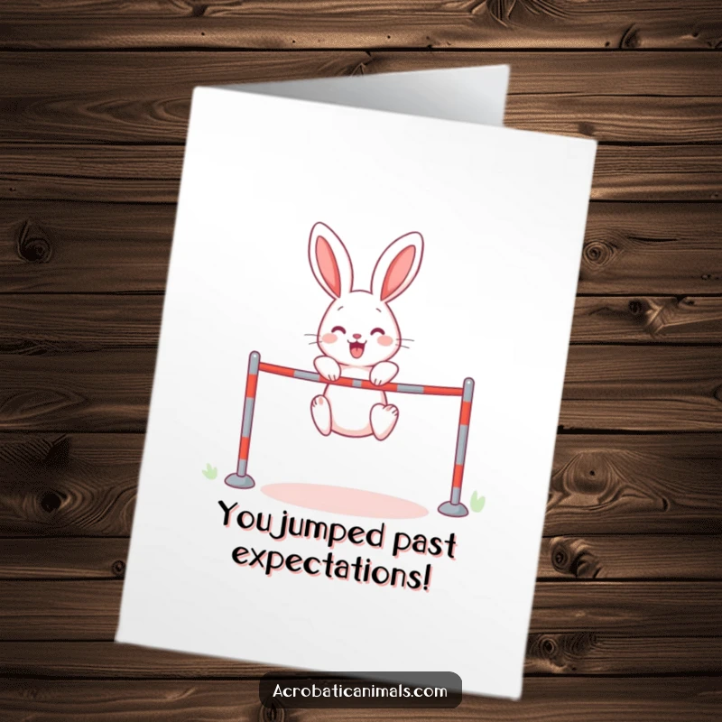 Funny Free Printable Rabbit Congratulations Card: A cheerful rabbit soaring over a hurdle in a triumphant high jump pose.