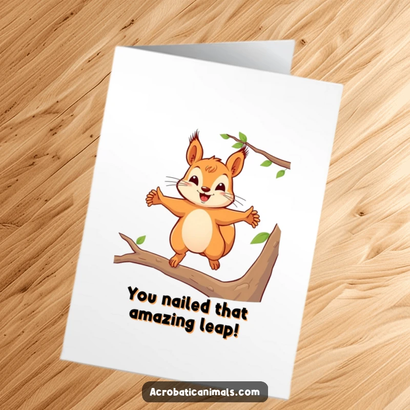 Funny Free Printable Squirrel Congratulations Card: A squirrel energetically leaping between branches, embodying the spirit of accomplishment.