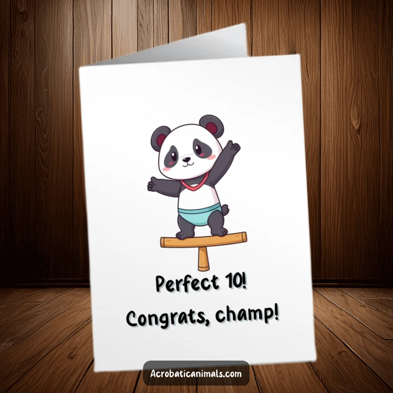 Funny Free Printable Congratulations Card: A panda gymnast showcasing incredible balance and confidence on a sleek balance beam.