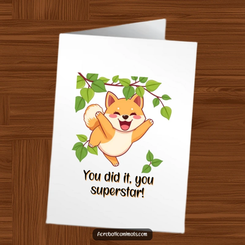 Funny Free Printable Congrats Card: Excited Shiba puppy joyfully swinging from a vine, celebrating a big win.