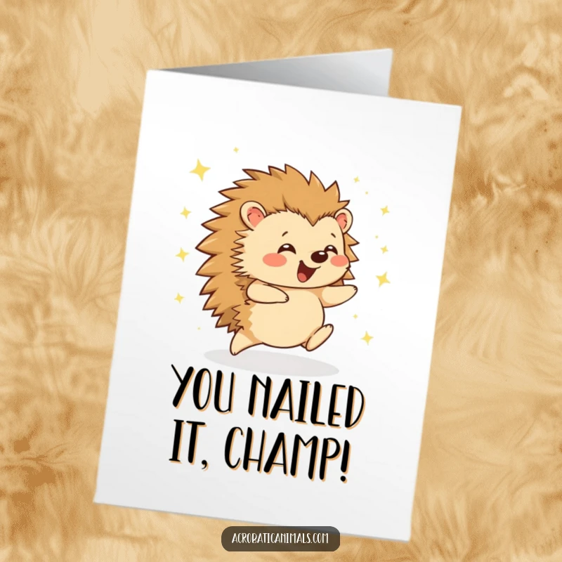 Funny Free Printable Congratulations Card showing an excited hedgehog cartwheeling amidst a burst of celebratory sparkles.