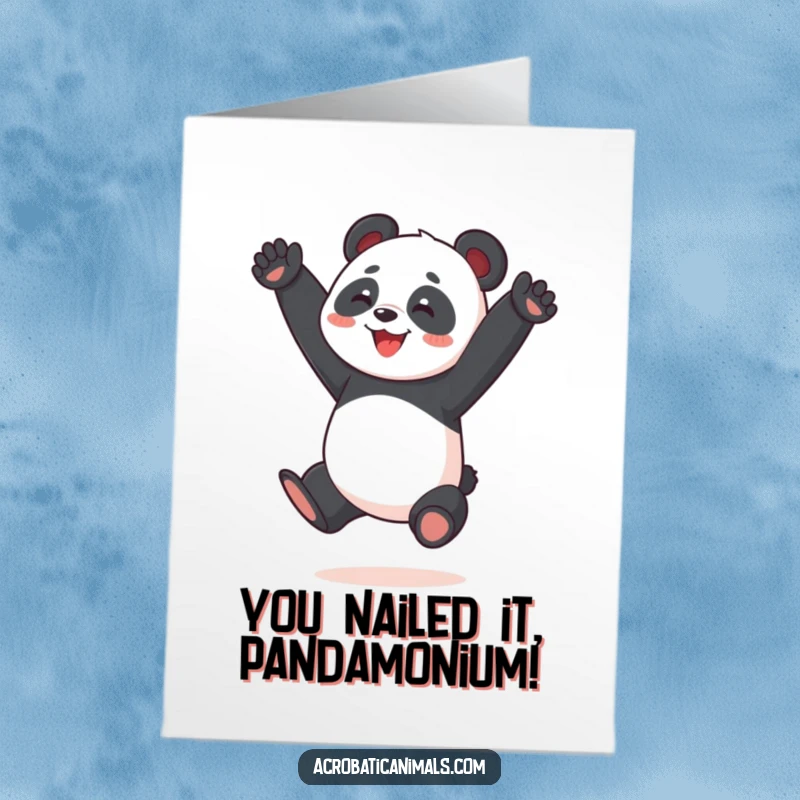 Funny Free Printable Panda Congratulations Card: Energetic panda performs an impressive split jump to celebrate success.