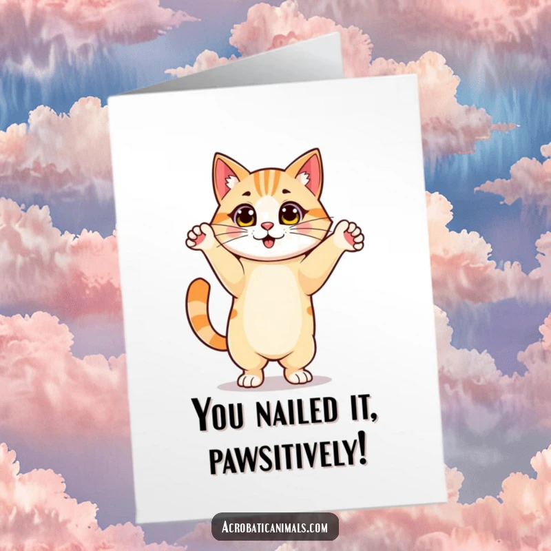 Funny Free Printable Congratulations Card showing a proud cat nailing a handstand to celebrate an amazing accomplishment.