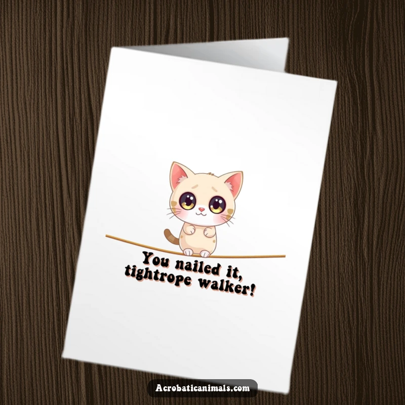 Funny Free Printable Congratulations Card: A determined cat precariously balancing on a thin tightrope.