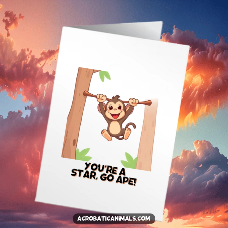 Funny Free Printable Congratulations Card showing an energetic monkey swinging high to celebrate a fantastic achievement.
