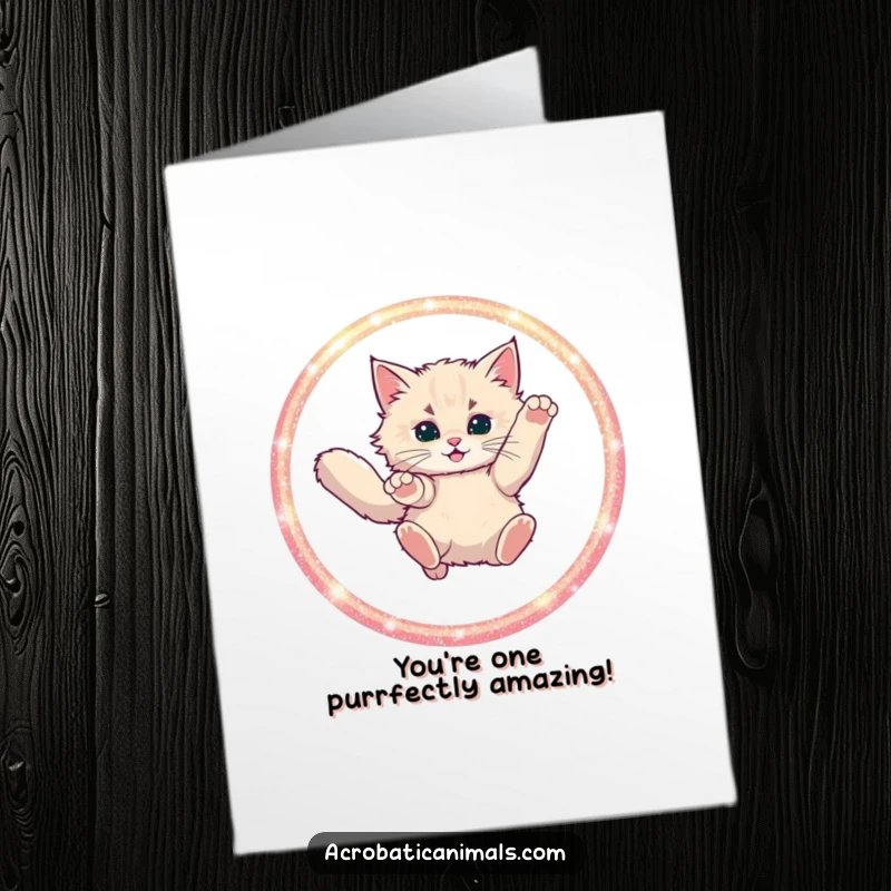 Funny Free Printable Congratulations Card: A fluffy cat makes a spectacular leap through a glittering hoop, celebrating success.
