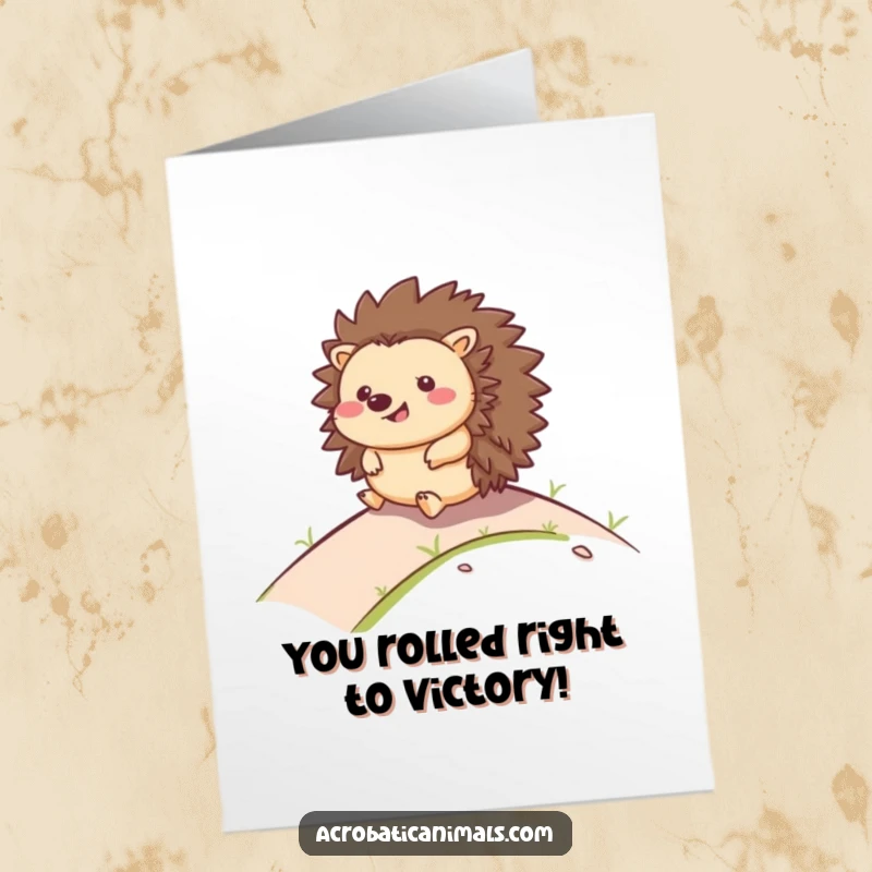 Funny Free Printable Congratulations Card: A happy hedgehog smiles as it rolls down a hill, signifying a joyful accomplishment.
