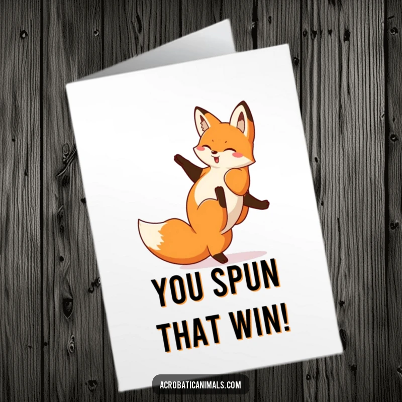 Funny Free Printable Fox Congratulations Card: A delighted fox performs a perfect cartwheel to celebrate a magnificent success.