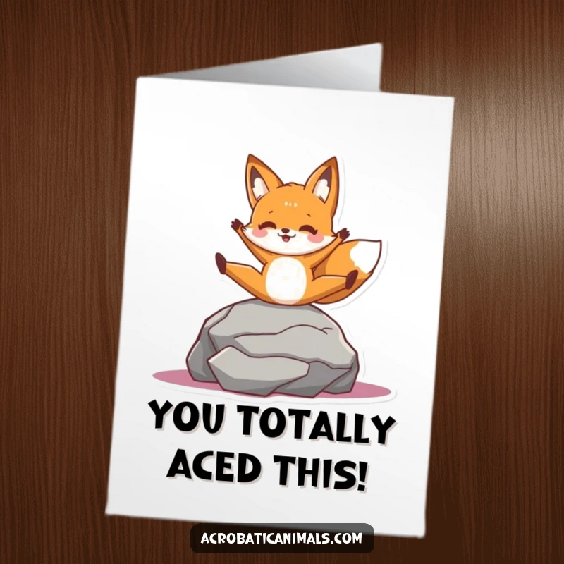 Funny Free Printable congratulations card: A cheerful fox character does a split with ease on a rock, celebrating a win.