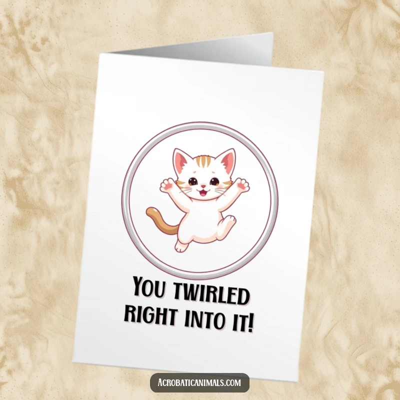 Funny Free Printable Congratulations Card: A super cute kitten celebrating mid-hula hoop spin, a quirky win.