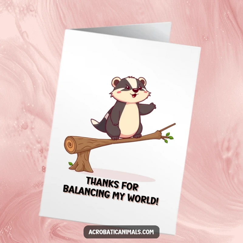 Funny Free Printable Badger Thank You Card: A brave badger balancing perfectly on a log, expressing thanks with calm.