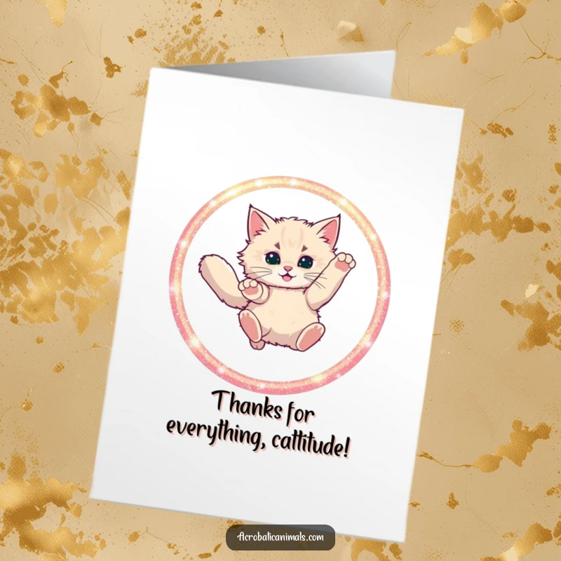 Funny Free Printable Thank You Card: A fluffy cat jumps through a hoop, expressing thanks with flair.
