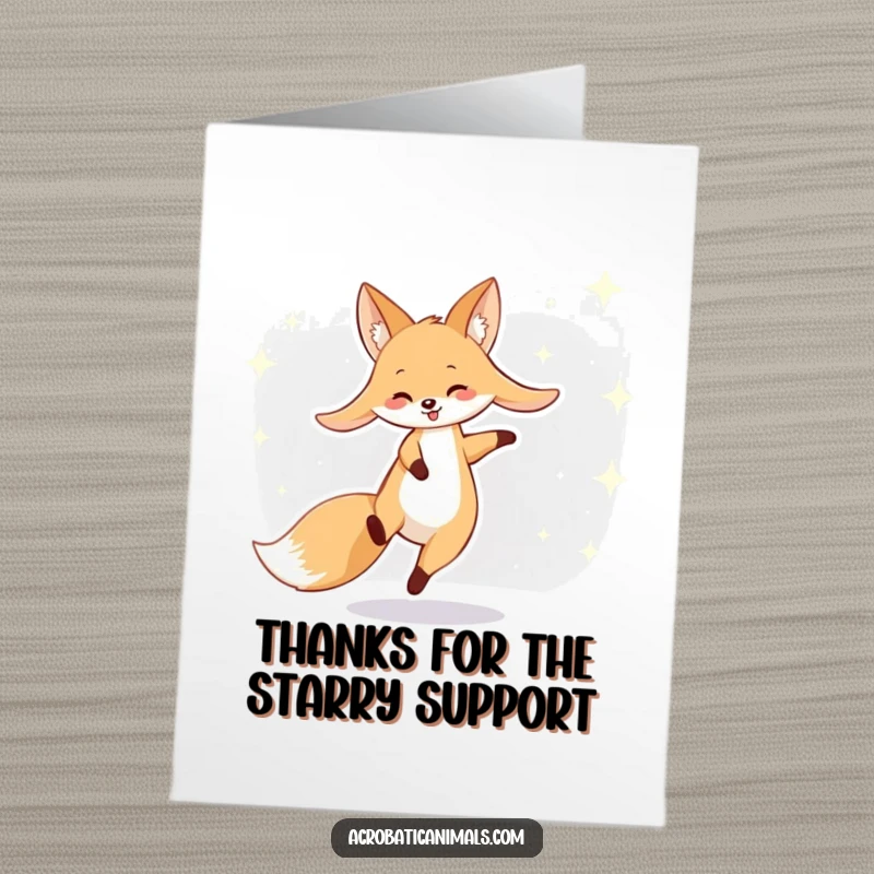 Funny Free Printable Thank You Card: A smiling fox with long ears performing a cartwheel against a starry background.