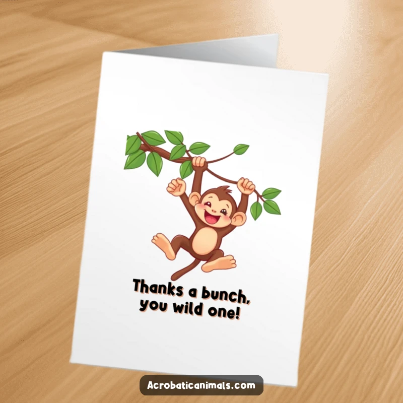 Funny Free Printable Monkey Thank You Card: A delighted monkey swings effortlessly from a vine, conveying heartfelt thanks.