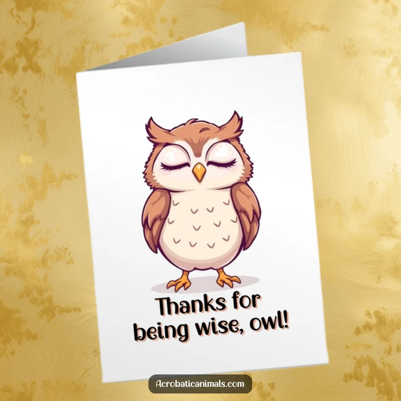 Funny Free Printable Thank You Card: A sleepy owl smiles while balancing in a handstand, saying thanks.