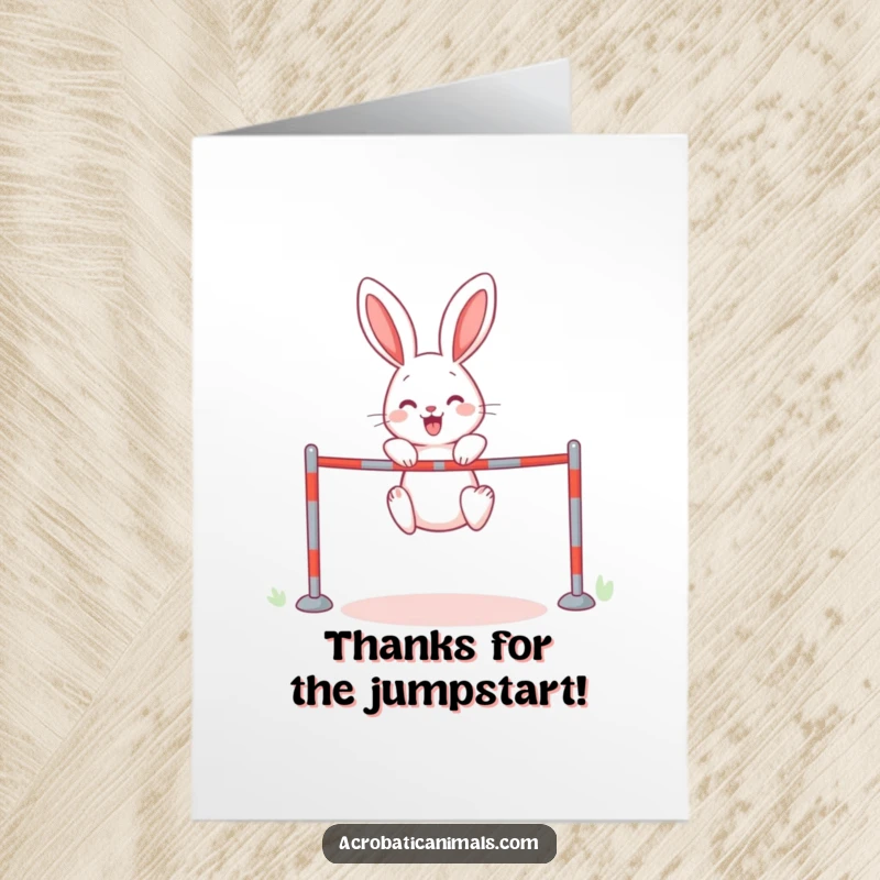 Funny Free Printable Rabbit Thank You Card: A happy rabbit mid-jump, showing gratitude with athletic grace.