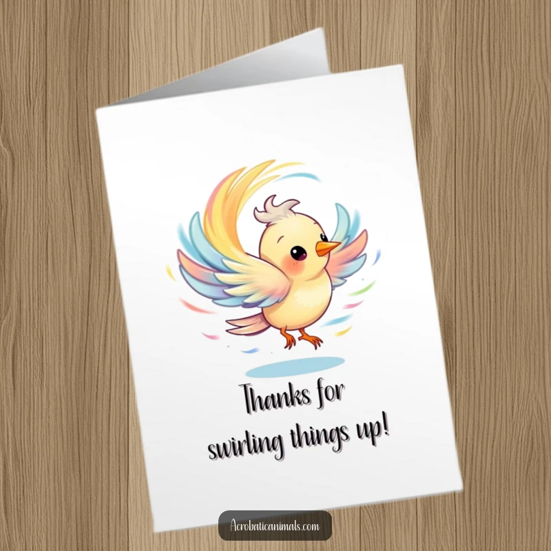 Funny Free Printable Thank You Card: A joyful bird spinning, creating a colorful, grateful whirlwind that spreads warmth and thanks.