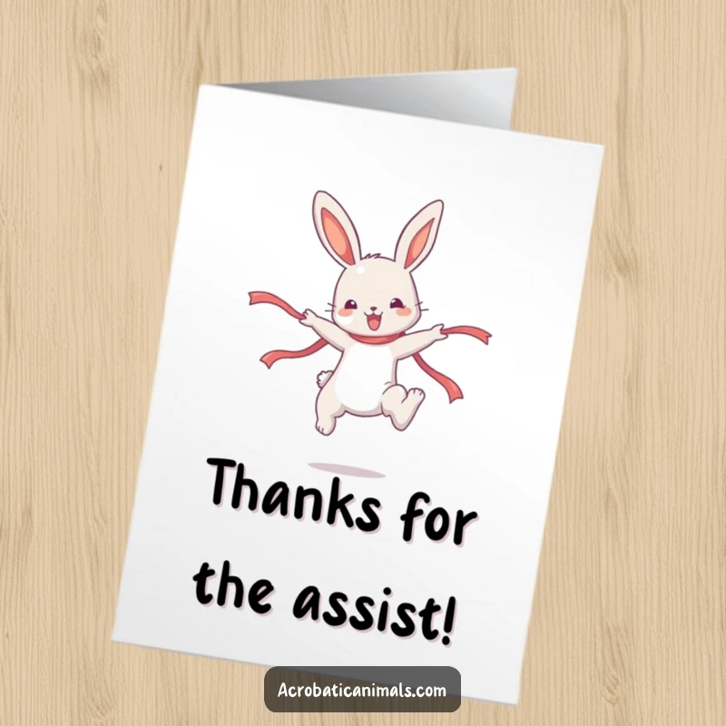 Funny Free Printable Thank You Card: A cute bunny gracefully jumps, showing thanks with a joyful ribbon flourish.