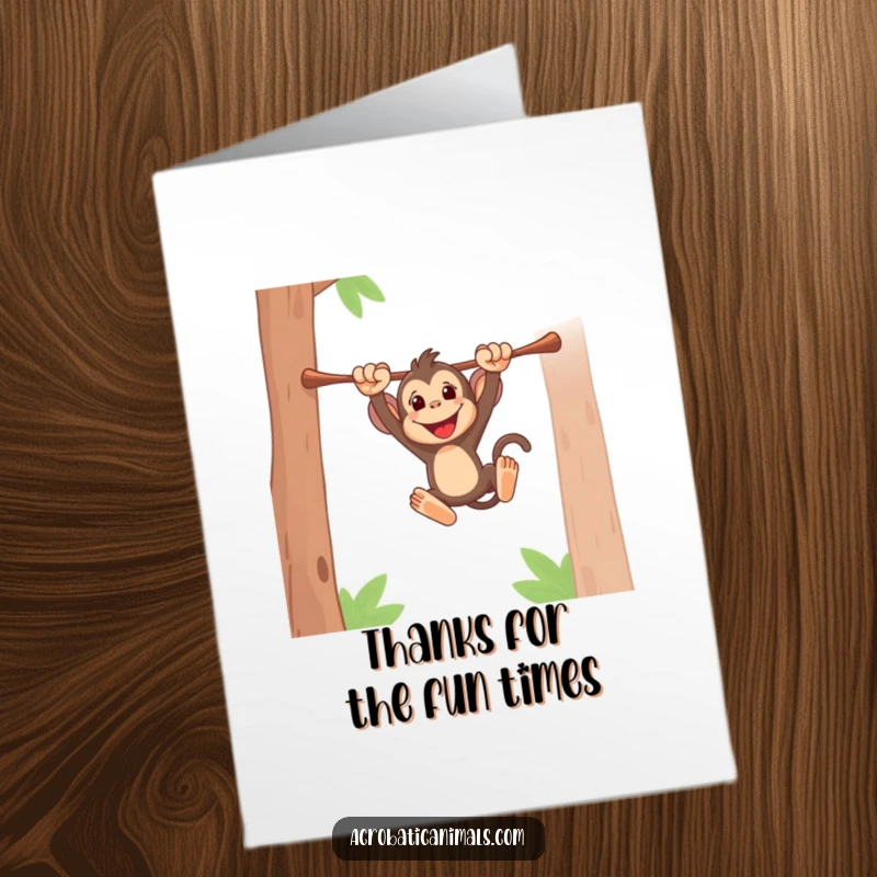 Funny Free Printable Thank You Card with an energetic monkey swinging joyfully, expressing thanks with playful flair.