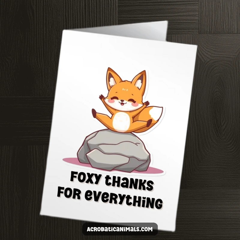 Funny Free Printable thank you card: A cheerful fox character gracefully performs a split on a rock, showing thanks.